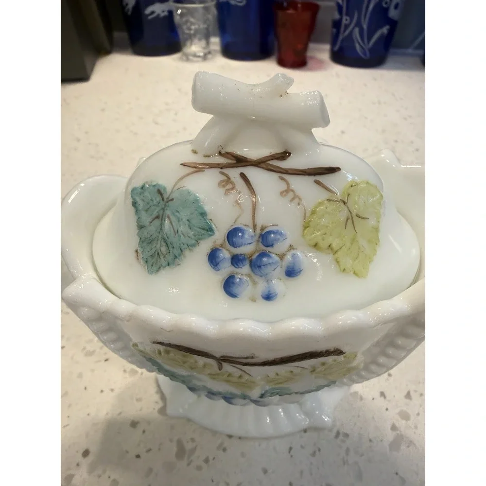 Westmoreland Milk Glass Beaded Painted Grape Cherry Covered Creamer Mid Century